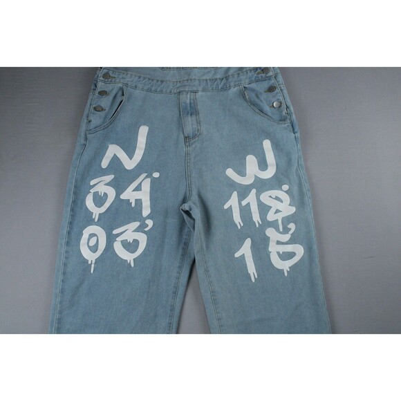 Manfinity Blue Denim Overalls White Lettering Mens XL Painted Graphic Light Wash - Picture 12 of 16